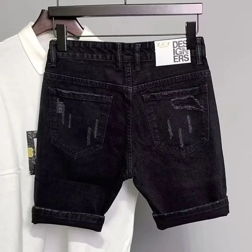 Summer Denim Shorts Black Ripped Raw Edge Streetwear Retro Shorts Straight Washed Trendy Mens Causal Versatile Denim Shorts 250304