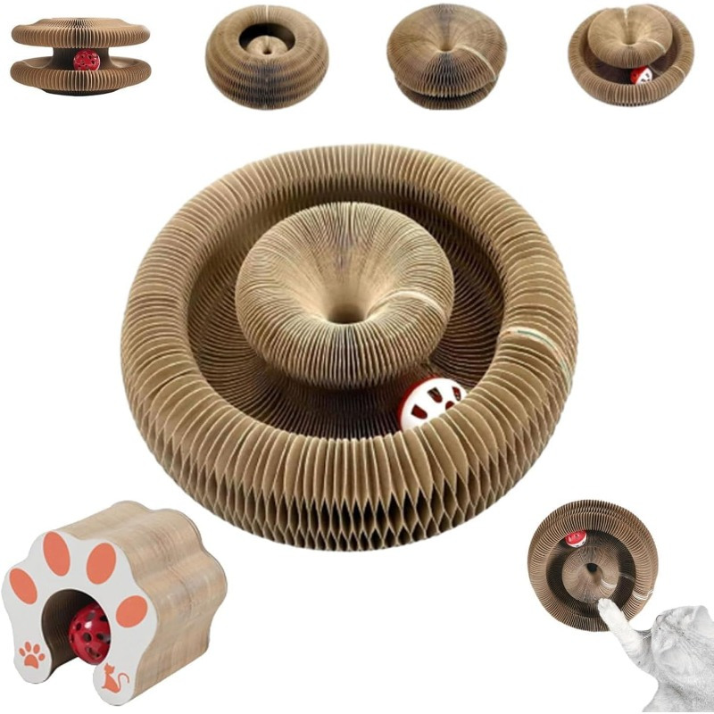 Interactive Cat Scratcher Toy with Rolling Balls - Foldable Magic Organ Design Cardboard Construction Play Exercise for Kittens