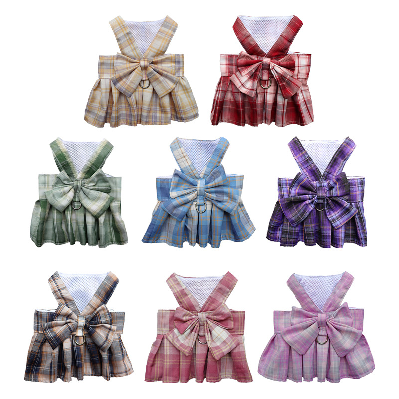 Plaid Dog Dress Bow Tie Harness Leash Set, Dog Harness Dress for Small Cute Dogs Cats Girl, Puppy Yorkie Chihuahua Spring Summer Clothes for Pet Outfi
