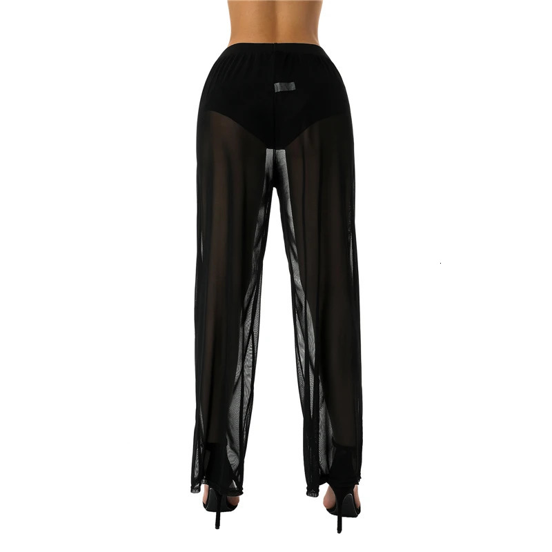 Sexy See-through High Waist Pant Women Long Casual Y2K Straight Trouser Female See Through Wide Leg Long Pants Summer Streetwear 250304