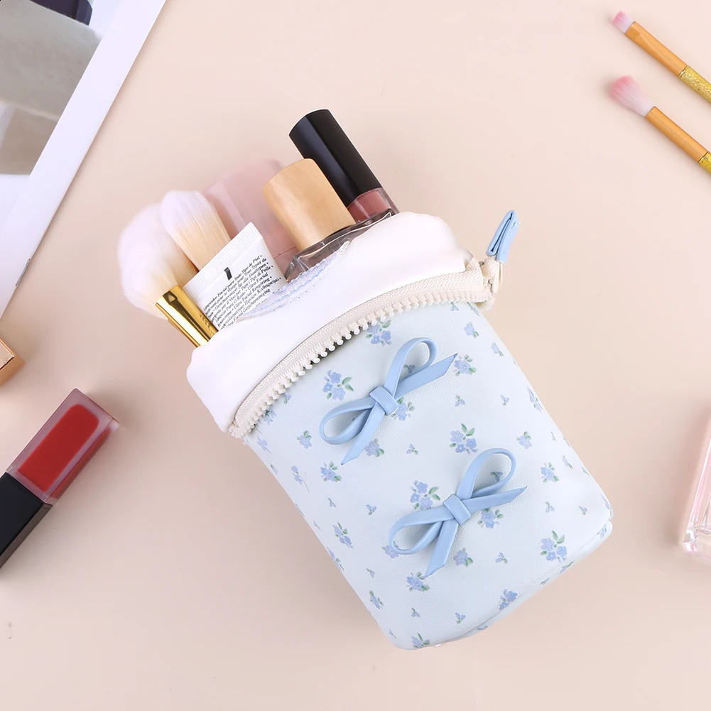 Ship from US Women Leather Makeup Bag Bow Toiletry Large Capacity Organizer Aesthetic Portable Cosmetic Storage 250305FBB