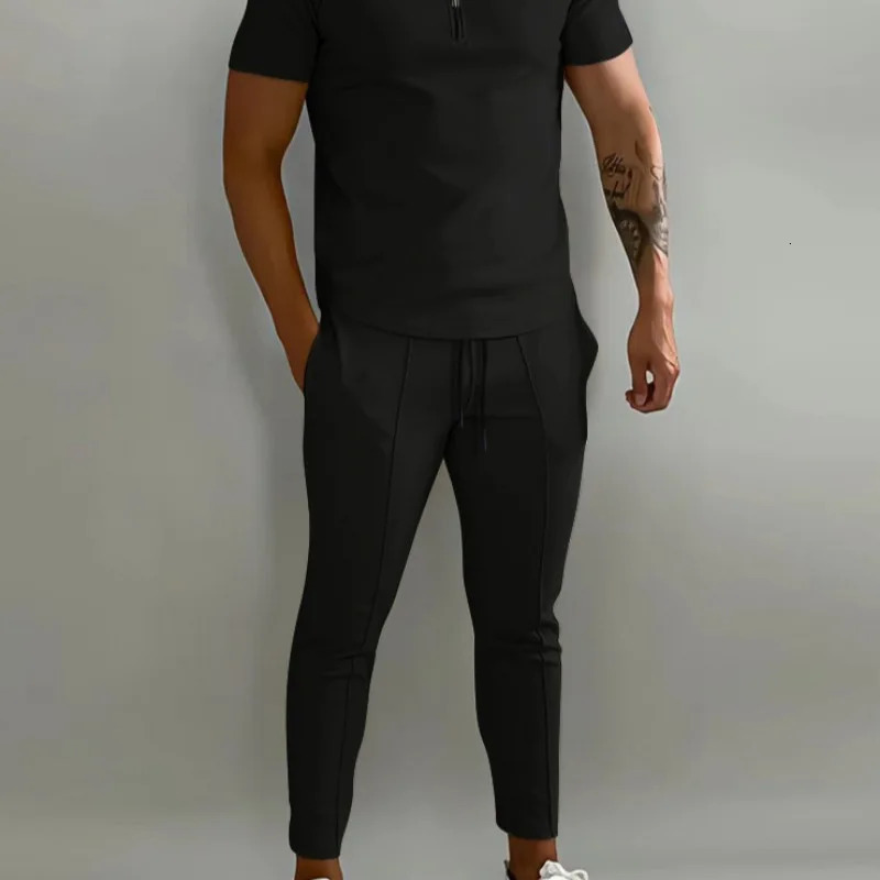 Cross-border Spring and Summer Mens Suit Lapel Short-sleeved POLO Shirt Sports Trousers 2-piece Set for Men 250304