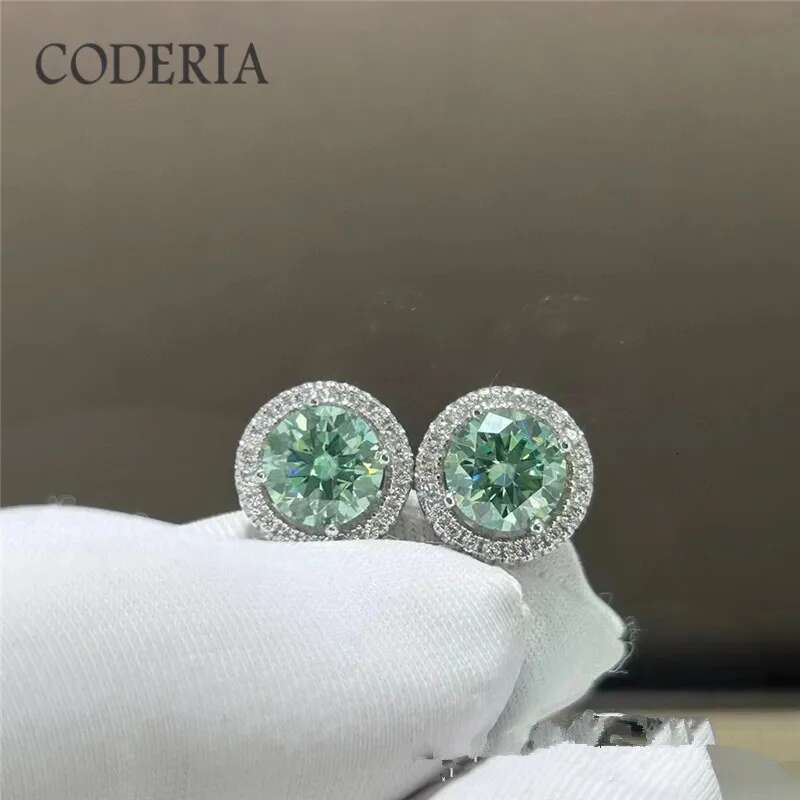 1-2 CT Blue Green Moissanite Stud for Men & Women S Sier Gold Plated Earrings Pass Dia Test GRA Jewelry