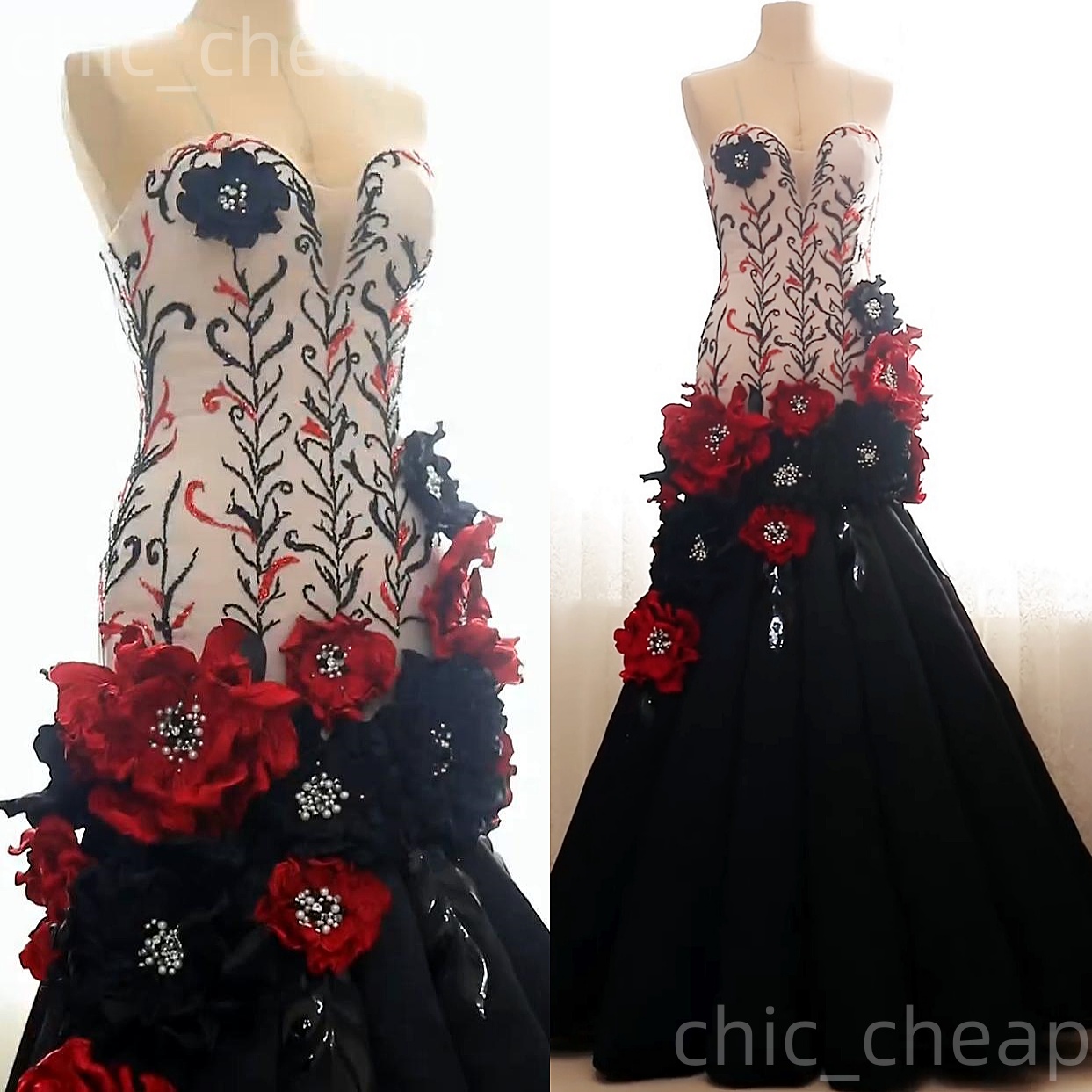 2025 Black Red Mermaid Prom Dresses Beaded Pearls Flowers Satin Evening Formal Party Second Birthday Engagement Gowns Plus Size Dress For Special Occa
