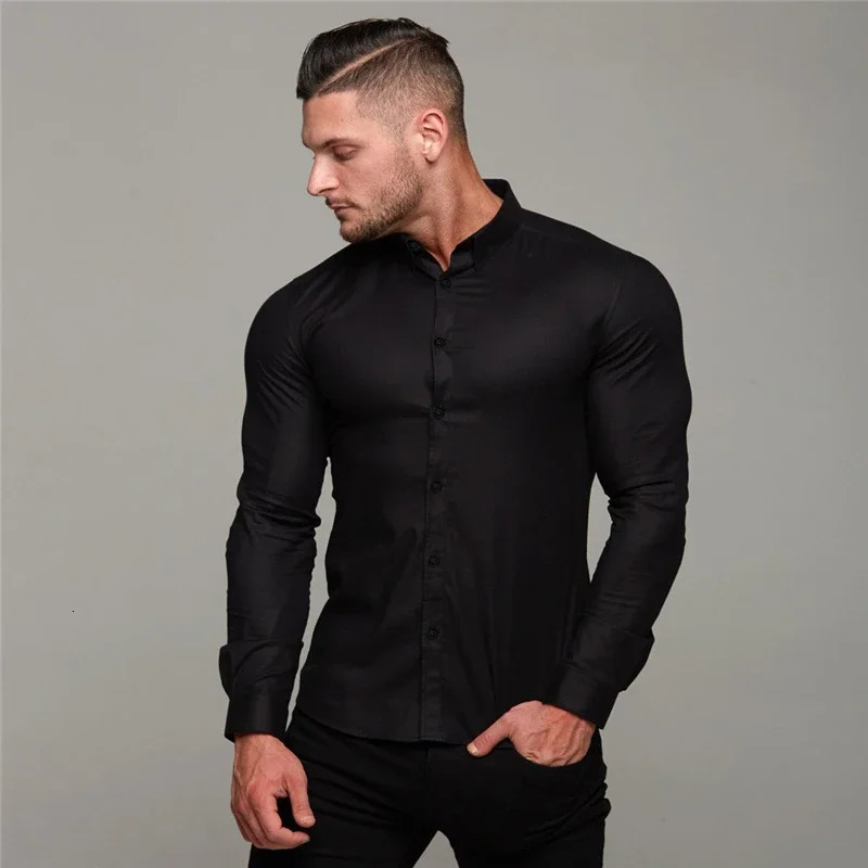 Mens Long Sleeve Super Slim Fit Plain Casual Shirt Spring Autumn Winter High Quality Turn Down Collar Business Dress 250227