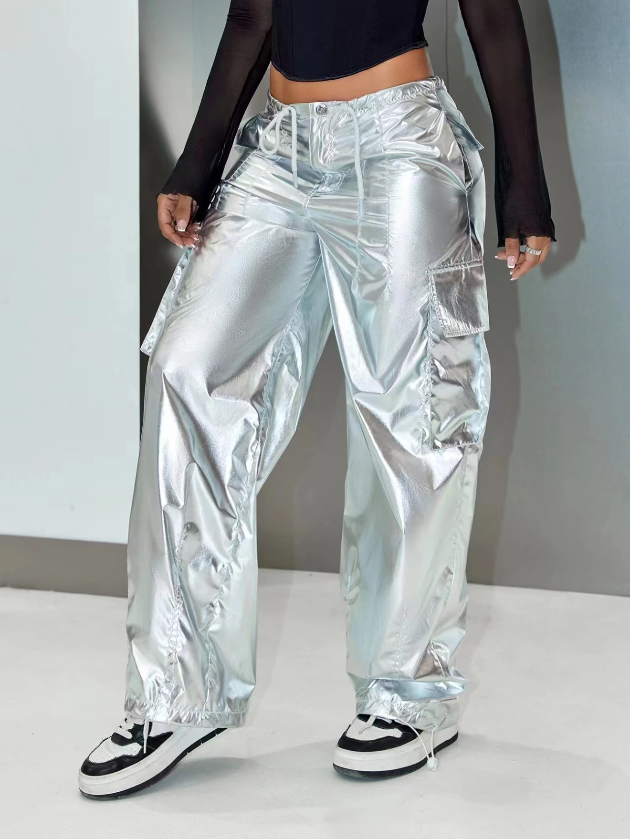 Y2K Street Flap Pocket Drawstring Waist Silver Metallic Loose Wide Leg Cargo Parachute Pants Festival Outfits 250304