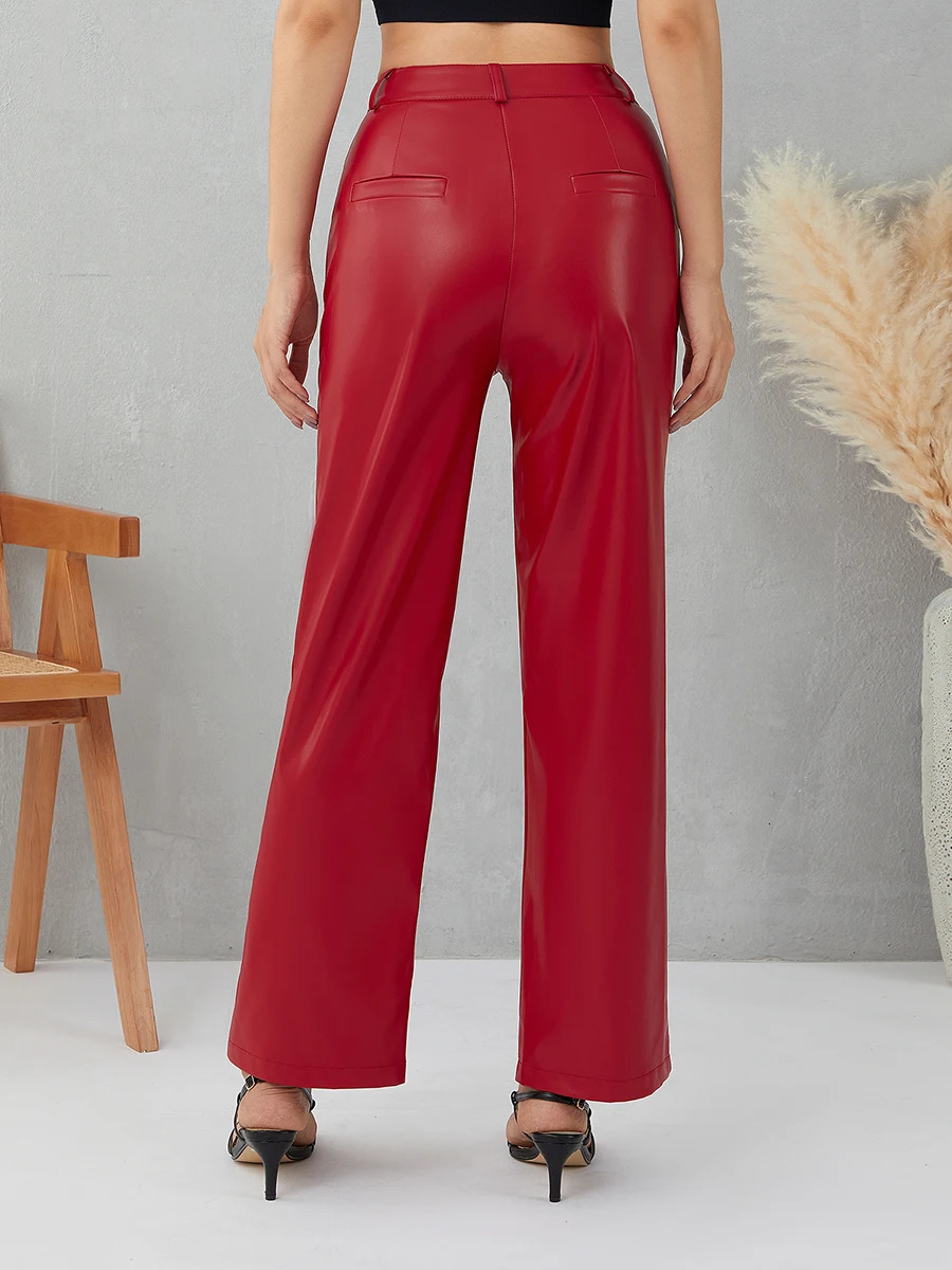 Women Loose Style PU Leather Trousers with Pockets Solid Color High Waist Straight-leg Pants Brown/ Black/Green/Red 250304