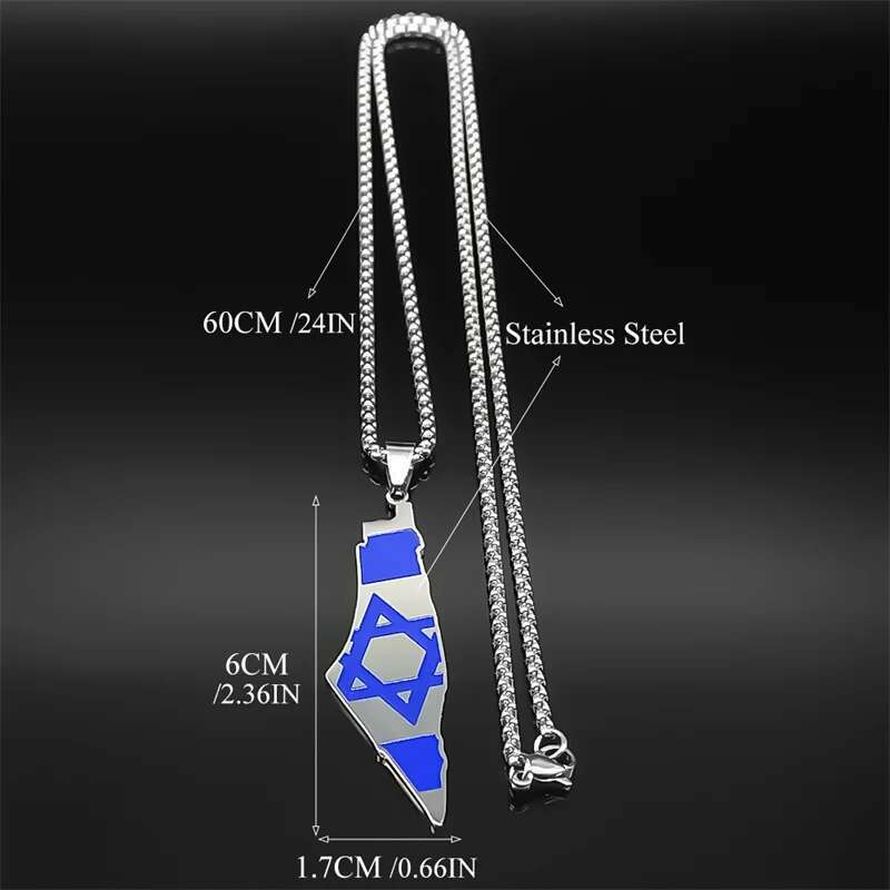 Blue Israel Map Pendant Necklace for Women Men Stainless Steel Sier Color Geography Country Je Star Of David Chain Jewelry