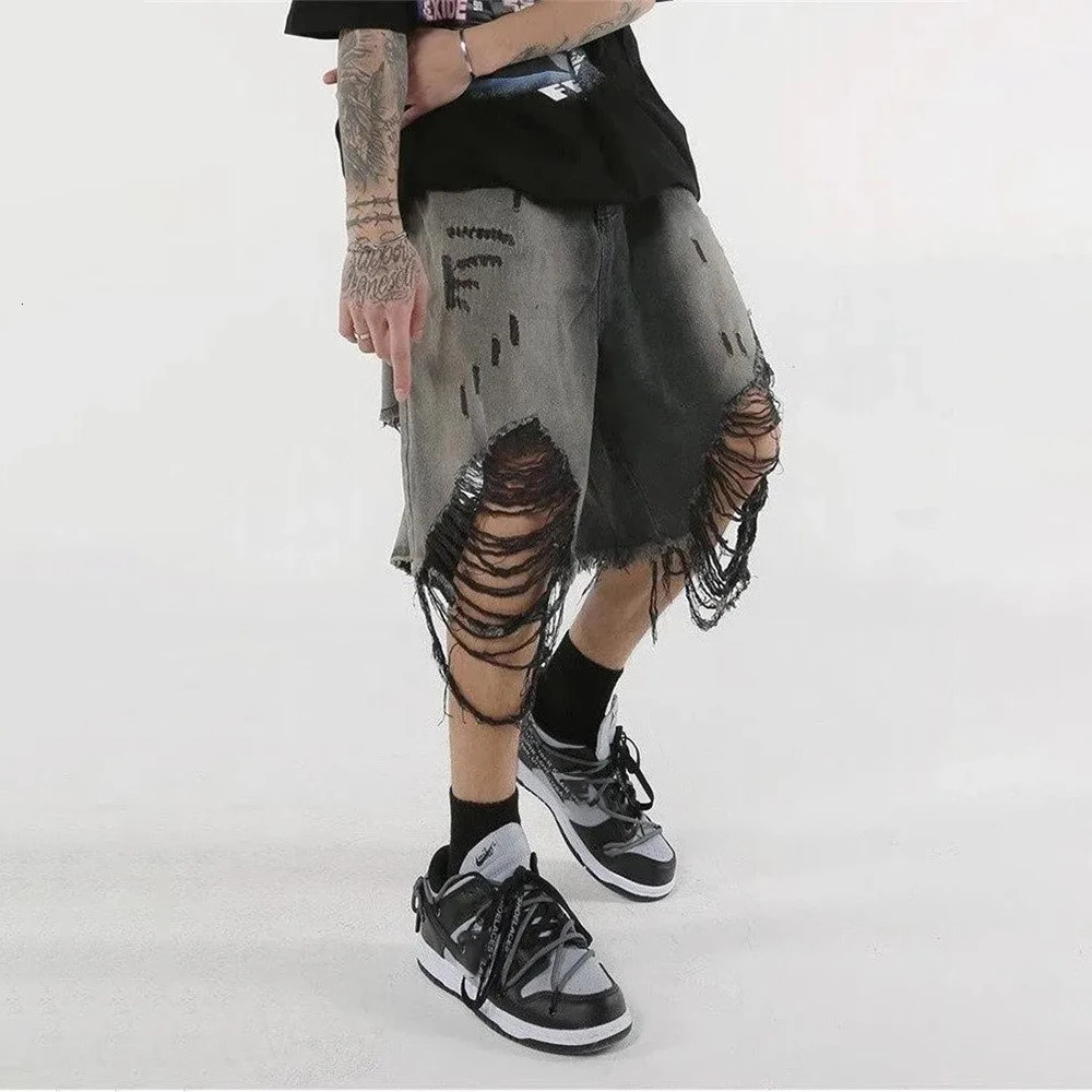 High Street Loose Washed Old Ripped Shorts American Retro Shorts Summer Street Y2K Hip Hop Tassel Wide Leg Casual Denim Shorts 250304