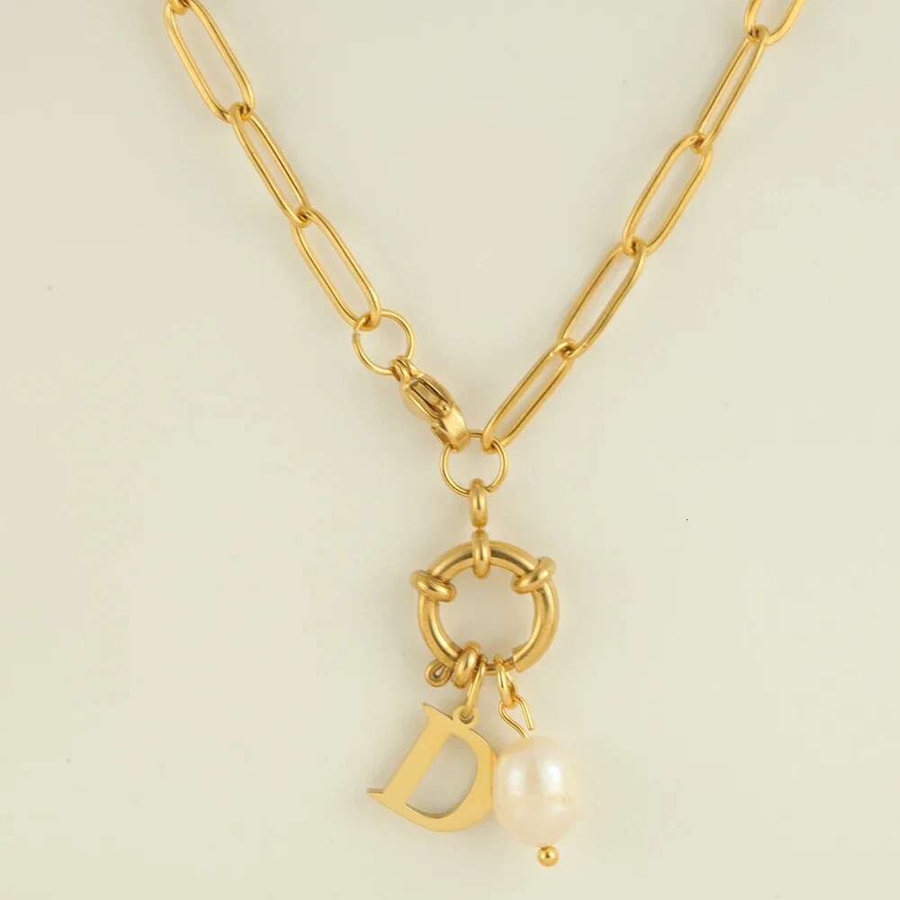 Golded Choker Stainless Steel DIY Necklaces Women Necklace Spring Buckle Chain Initial Letter Pearl Pendant Women's Jewelry Gift