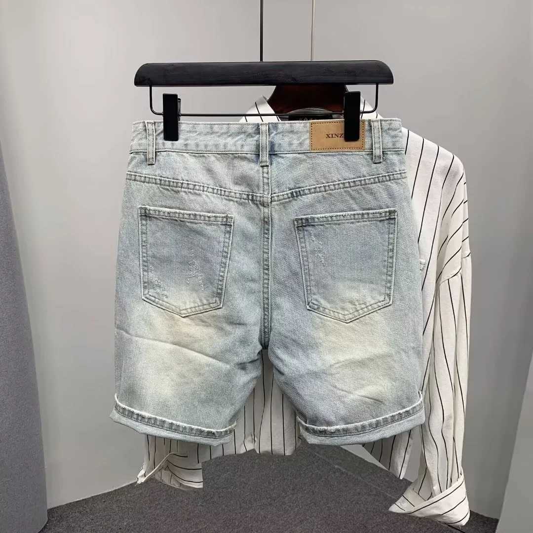 Summer Mens Scratched Broken Denim Shorts Men Fashion Brand Beard Splice Stretch Ripped Short Jeans PantsT250305