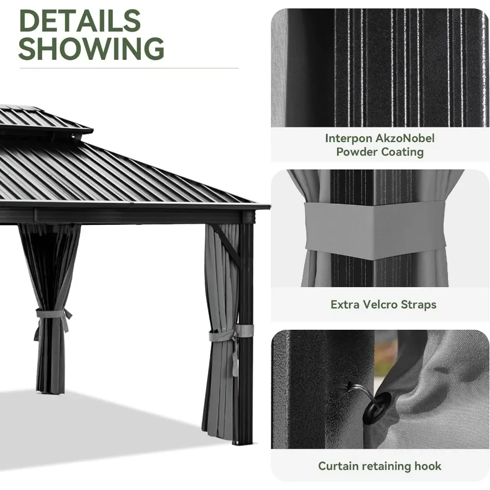 12x16FT Hardtop Gazebo, Outdoor Pergolas with Mosquito Netting and Curtains, Galvanized Steel Double Roof Permanent Gazebo