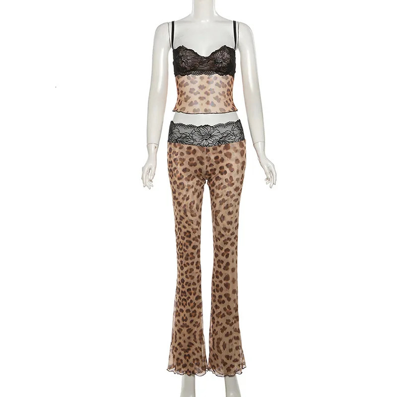 Lace Patchwork Leopard Print Sheer Mesh 2 Piece Set Women Sexy Camisole Crop Tops Flare Pants Party Clubwear Holiday Suits 250304