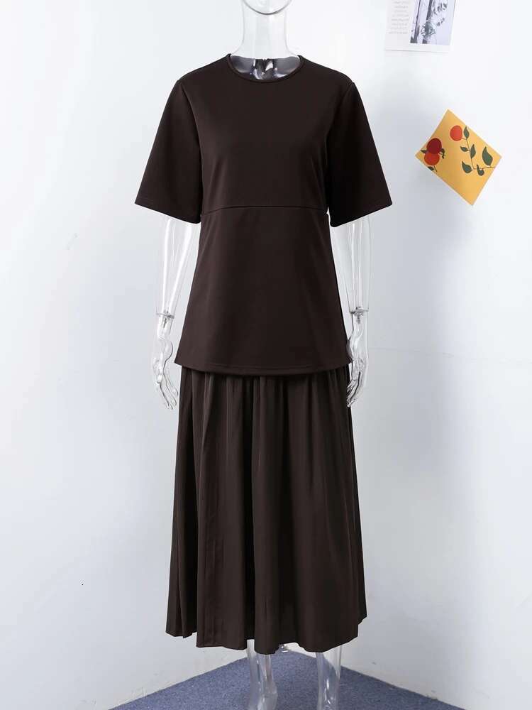 Elegant Patchwork Long Dress Women Brown Knitted O-Neck Half Sleeve Slim Pleat Dresses Spring Summer Lady High Street Robes