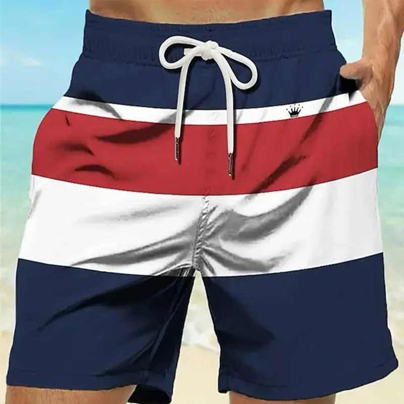Mens Striped 3D Printed Swim Shorts Crown Design Elastic Waistband Hawaiian Style Beach and Vacation Summer 2024XJ250304