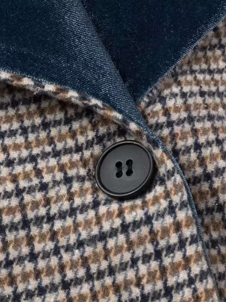 2025 Spring Street Jacket Woolen Plaid Coat Women Turn-Down Collar Loose Long Sleeve Button Elegant Outwear Female Thicken