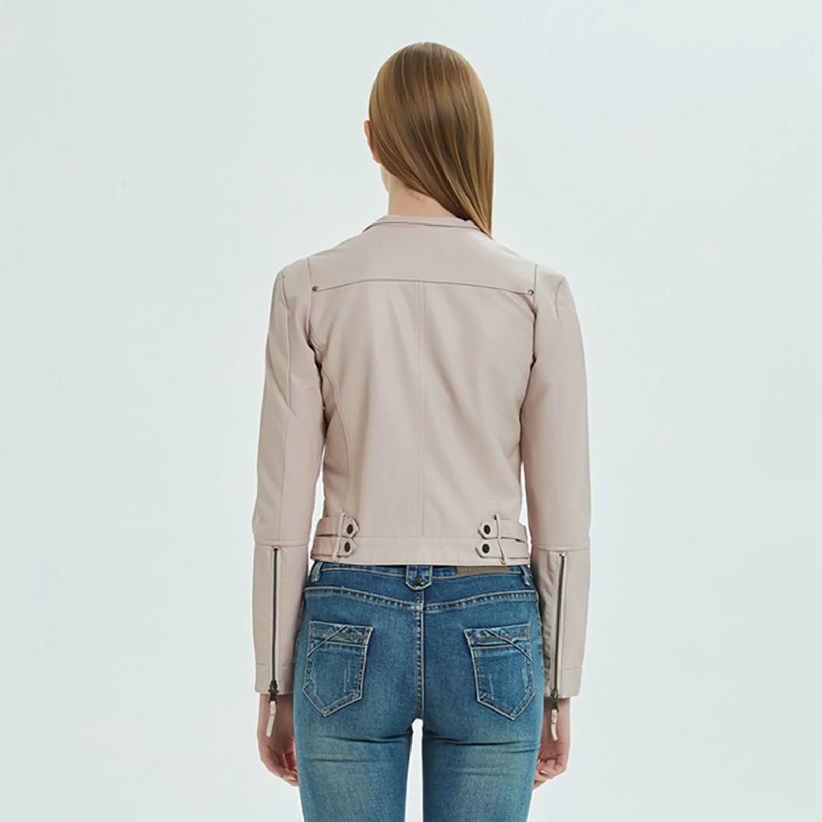 Womens motorcycle leather jacket zipper casual lapel crop coat long street short sleeved autumn and winter fashionable top 250226