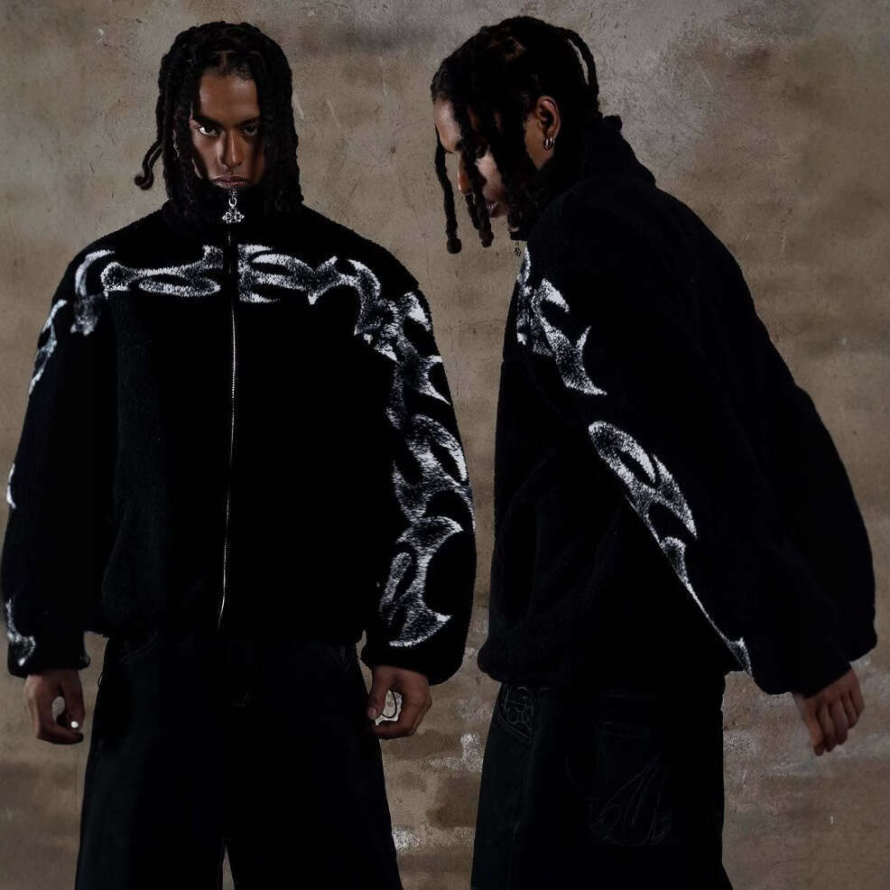 Personalized hip-hop winter warm print fleece cardigan men's and women's loose stand up collar zipper jacket