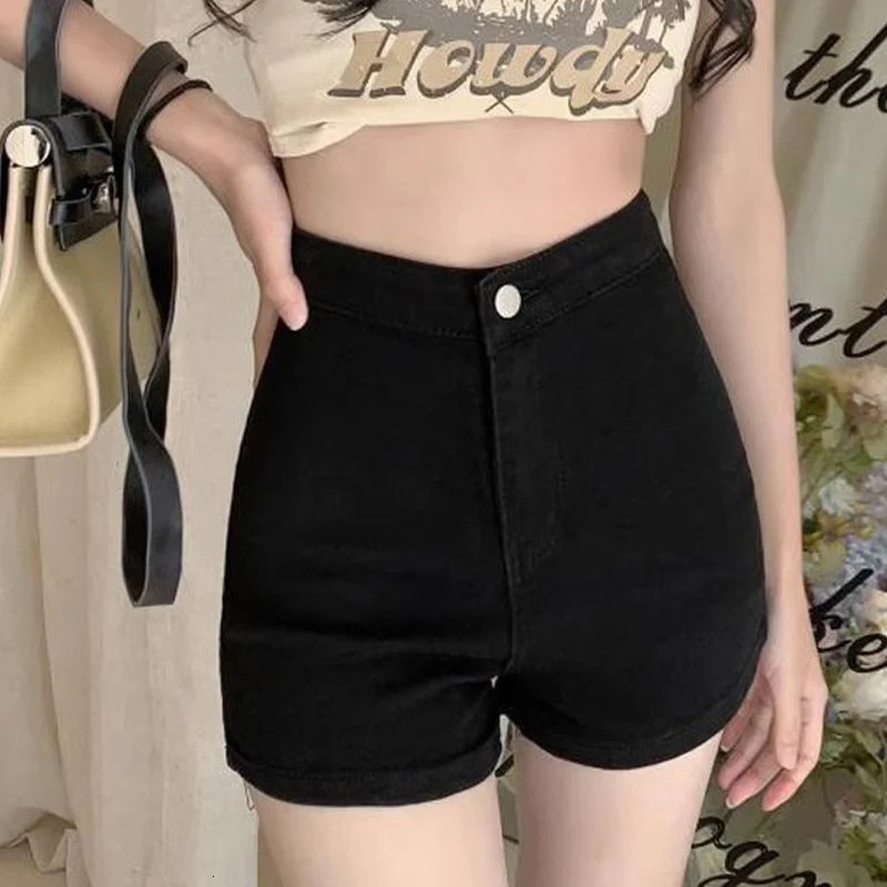 Womens 90s fashion black gothic denim shorts retro high waisted Aline mini Y2k Harajuku Korean Emo 2000s clothing 250304