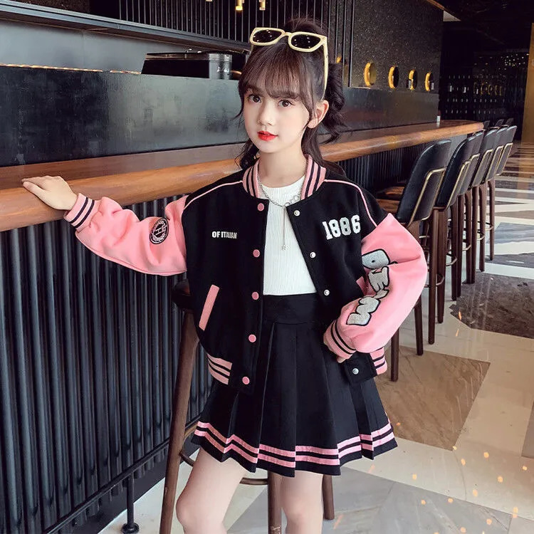 2025 spring Girls Teenager Patchwork zipper striped Jacket top and baseball clothes bottom short skirt set 5 6 7 8 9 10 11 year 250304