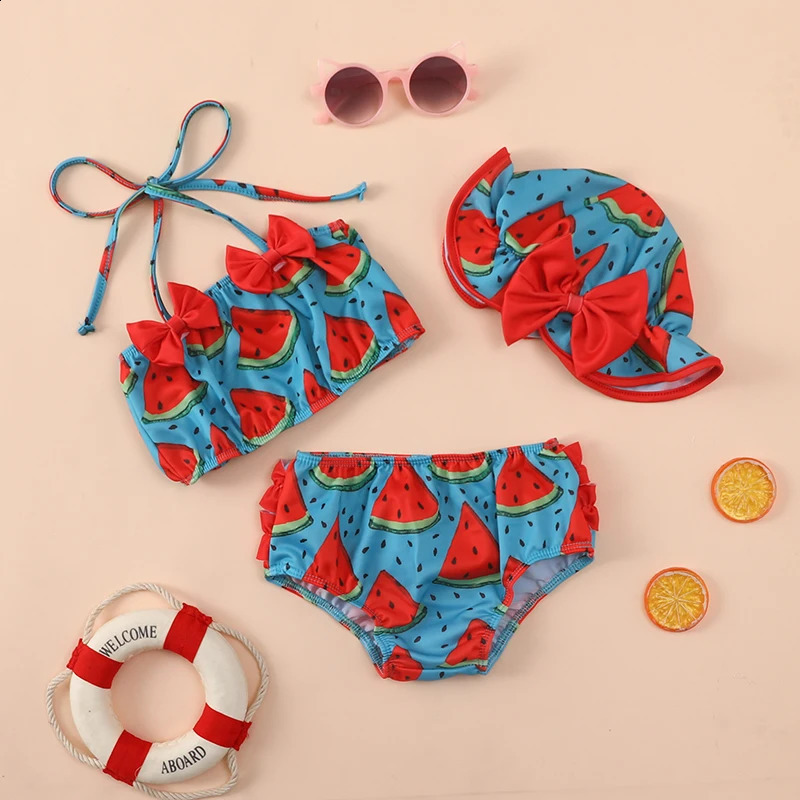 0-24M Summer Baby Girl Three Piece Swimsuit Flower Halter Swim Top Bottom and Sun Cap Bikini Set 250304