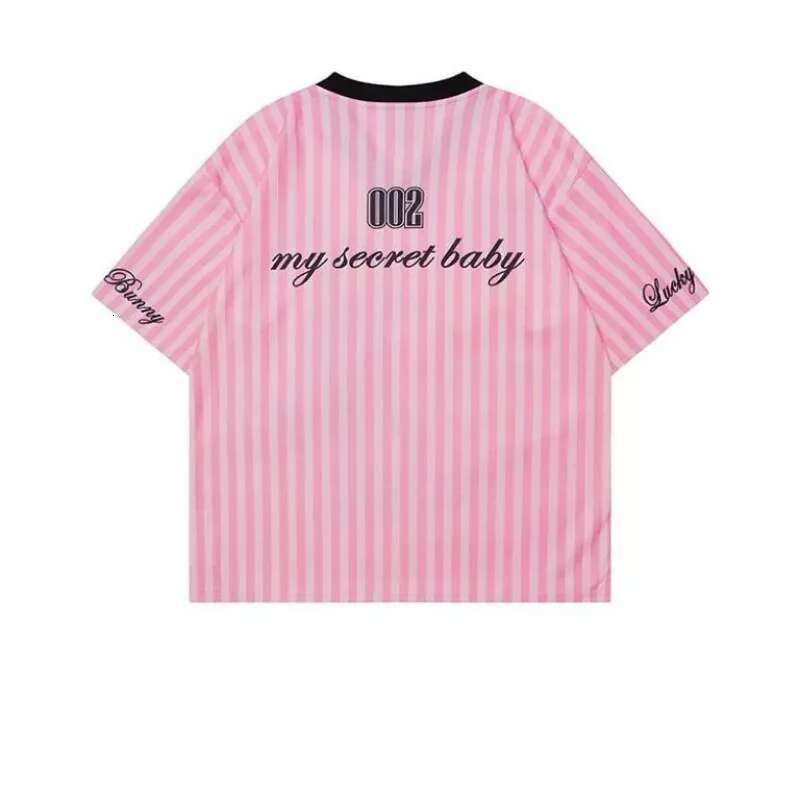 Summer Oversized V-Neck American Retro Jersey Cute Little Rabbit Print Short Sleeved T-Shirt For Women Sweet Pink Striped Top