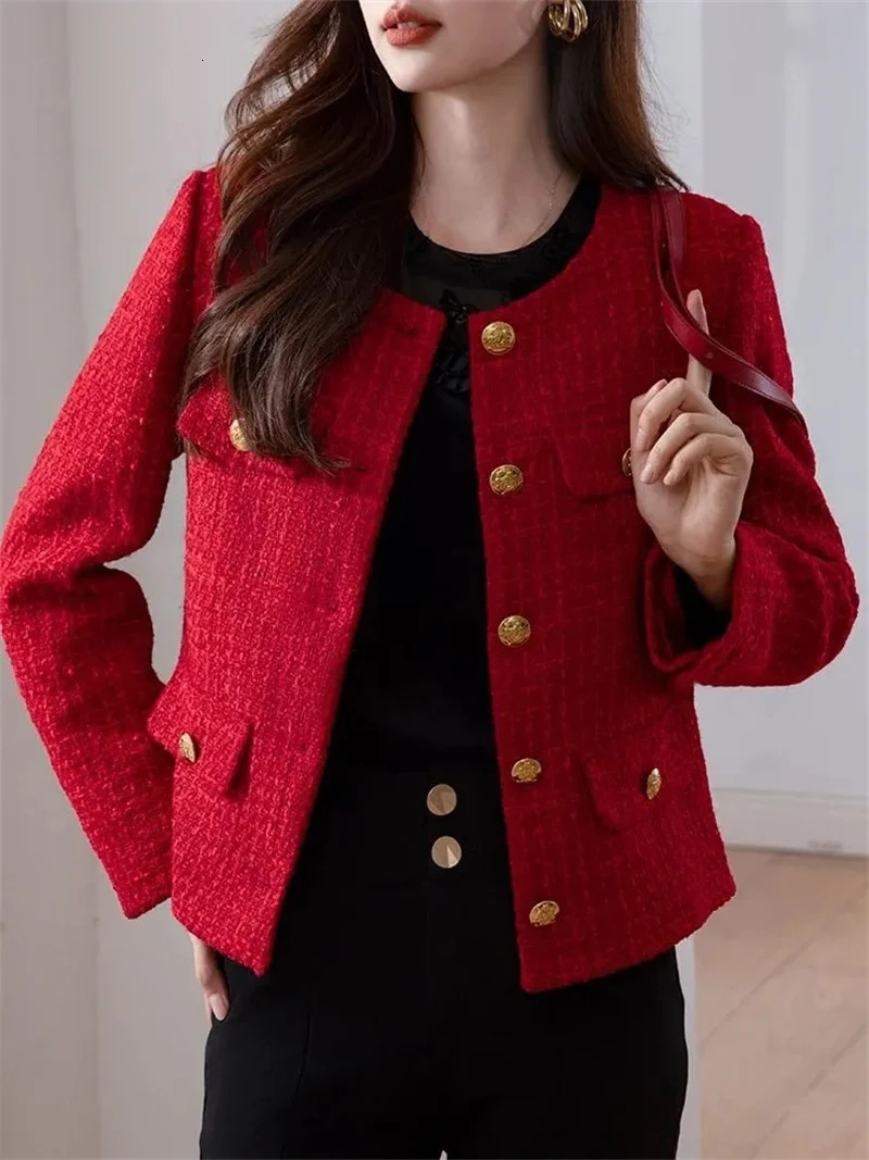 Womens Jacket Spring Autumn Red Tweed Small Fragrance Coat Short Blazers Korean Fashion Elegant Female Tops Outerwear 250304