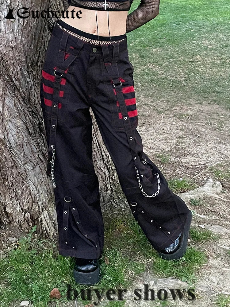 SUCHCUTE Gothic Chain Bandage Wide Leg Pant Oversize Low Rise Dark Academic Trousers Streetwear 90s Baggy Punk Style 250304