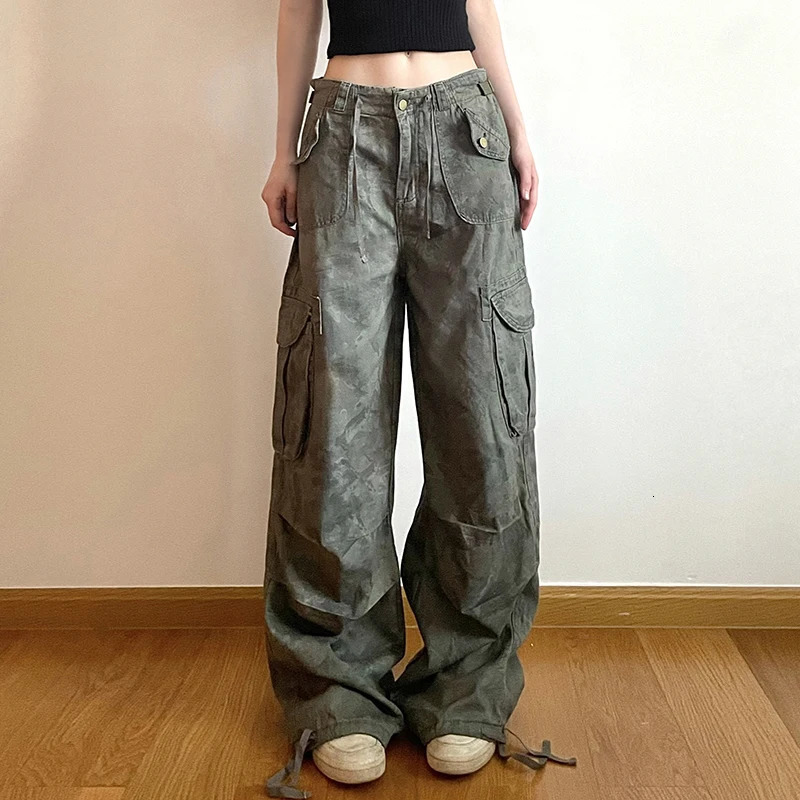 SUCHCUTE American Vintage Camouflage Cargo Jeans High Street Low Waist Denim Pants for Women Streetwear Pockets Hip Hop Trousers 250304
