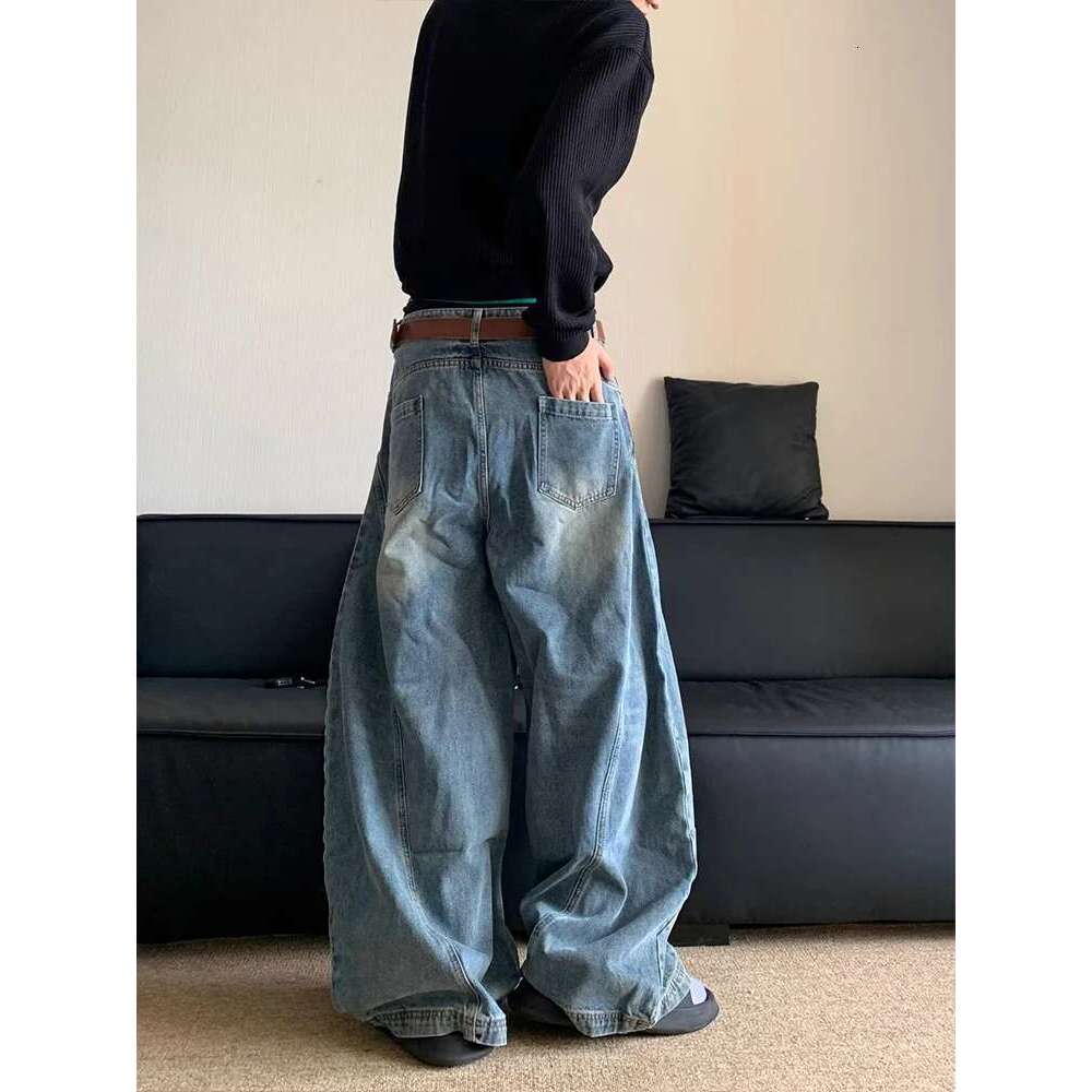 American Retro Washed Loose Straight Jeans Trendy Brand Banana Men Wide Leg Mop Pants