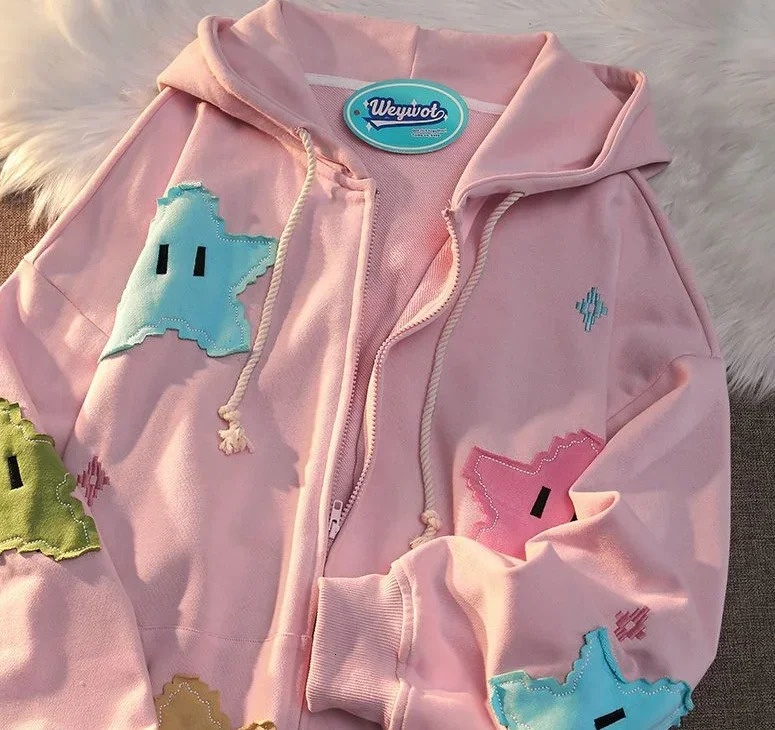 British Gothic Punk Style Printed Star Patch Embroidery Mens and Womens Hooded Cardigan Harajuku Retro Oversized Bat Sleeve Top 250304