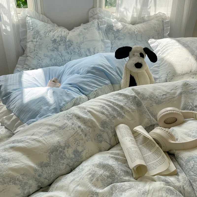 Blue Floral Ruffle Duvet Cover Set Queen Flower Leaf Comforter Covers 4Pcs Soft Luxury Pastoral Garden Washed Cotton Bedding SetT250304