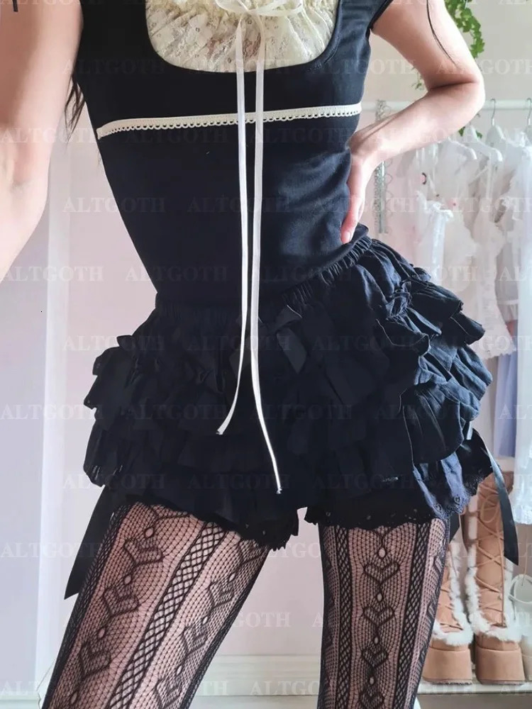 AltGoth Cute Jk Lolita Skirt Short Mall Goth Fairycore Grunge Streetwear Kawaii Bow Patchwork Cosplay Shorts Female 250304