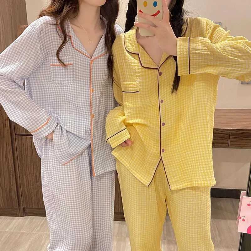 Spring and Autumn New Ladies Pajamas Homewear Set Girlfriends Pajamas Female Ins Plaid Couple Models Simple Pajamas Homewear SetT250305