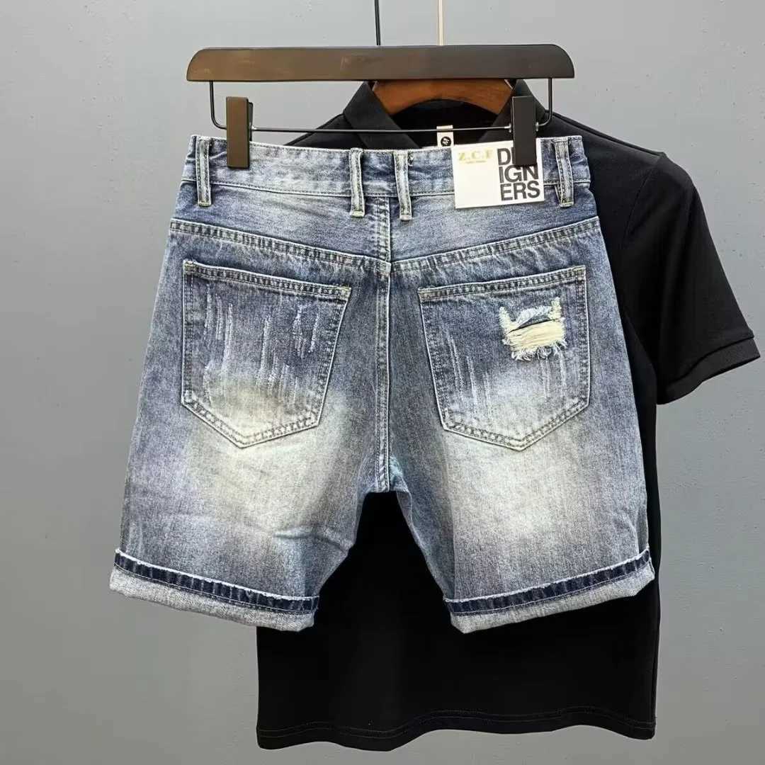 Summer Mens Brand Side Denim Shorts Scraped Torn 5 Points Men Loose Elastic Waist Jeans PantsT250305
