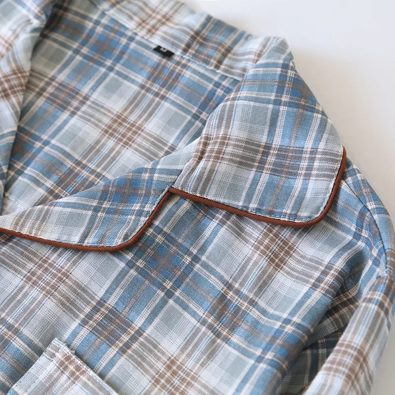 2025 Japanese Mens Pajama Set Spring/Summer Checkered Simple Long sleeved Two Piece Set 100%Cotton Cardigan Home Furnishing 250304