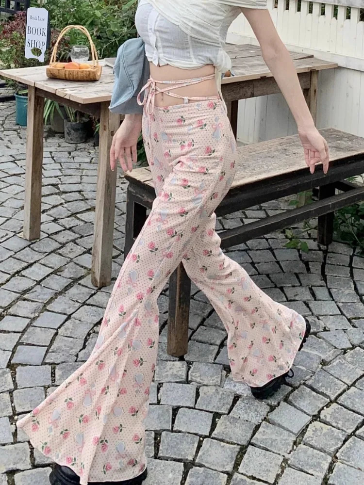 Sweet Floral Print Casual Pants for Women Sumemr Slim Fit Ruffles Flare Y2k E-Girl High Waist Loose Wide Leg 250304