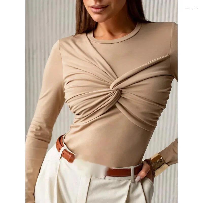 Women's Polos Tops Tees Jumpsuit Round Neck Long Sleeved Tight Fitting Eur America Sexy Pleated High Street Mid Waist Top