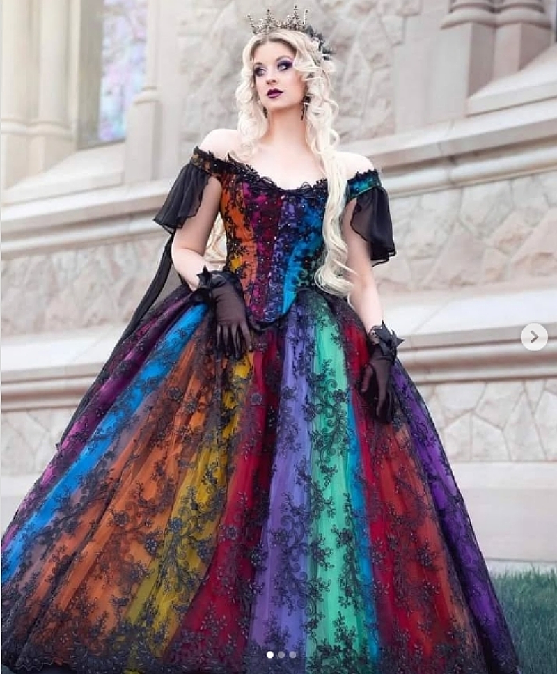 Black Lace Gothic Wedding Dresses Off Shoulder Rainbow Princess Bridal Gown Colorful Vintage Victorian Masquerade Dress 2025