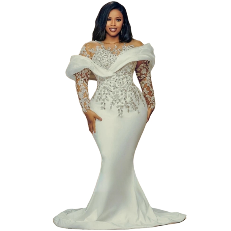 Elegant Crystals Beaded Mermaid Wedding Dresses Long Sleeves Lace Appliques Ivory White Satin Bridal Gown 2025