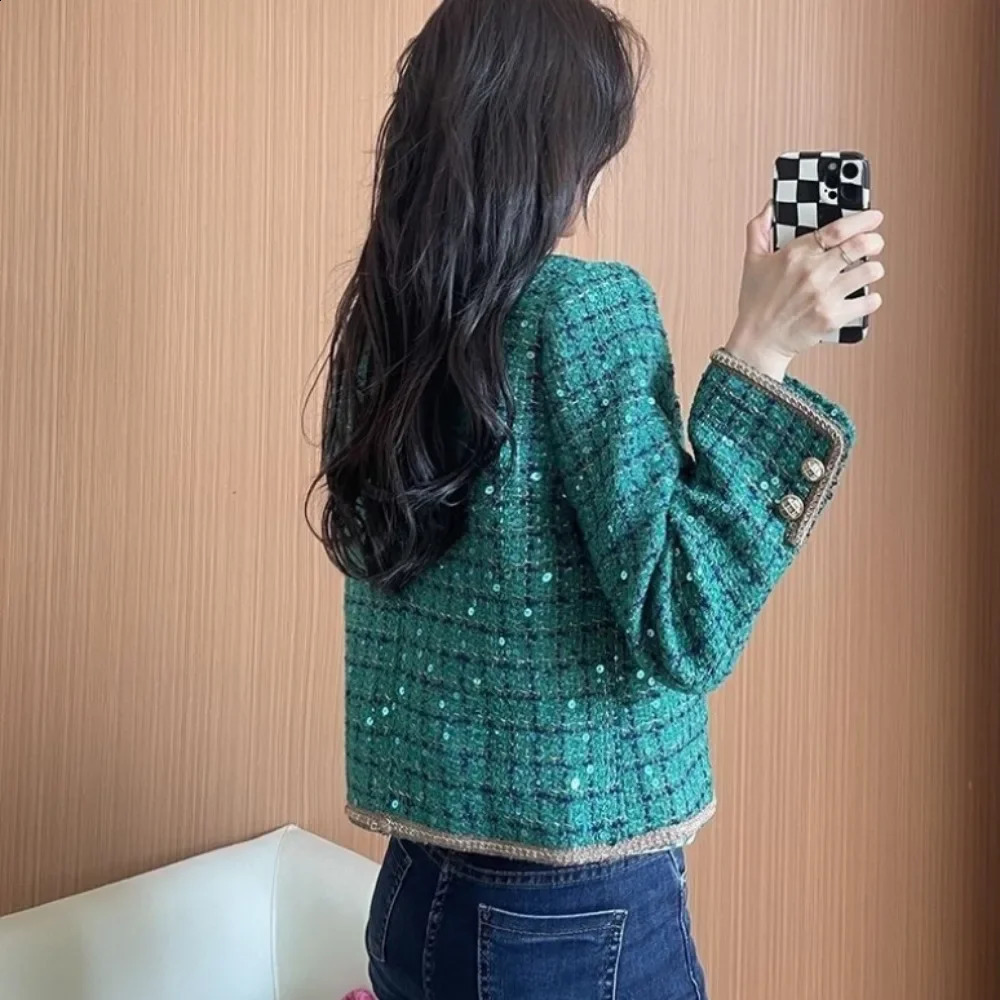 Tweed Wool Blend Coat for Women Round Neck Mixtures Jacket Woman Splicing Outerwears Novelty on Sale In Trendy 250225