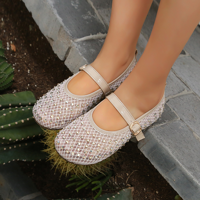 Mesh Ballet Flats for Women Crystal Rhinestone Mary Jane Sandals Summer Round Head Soft Bottom Water Diamond Luxury Casual Shoes