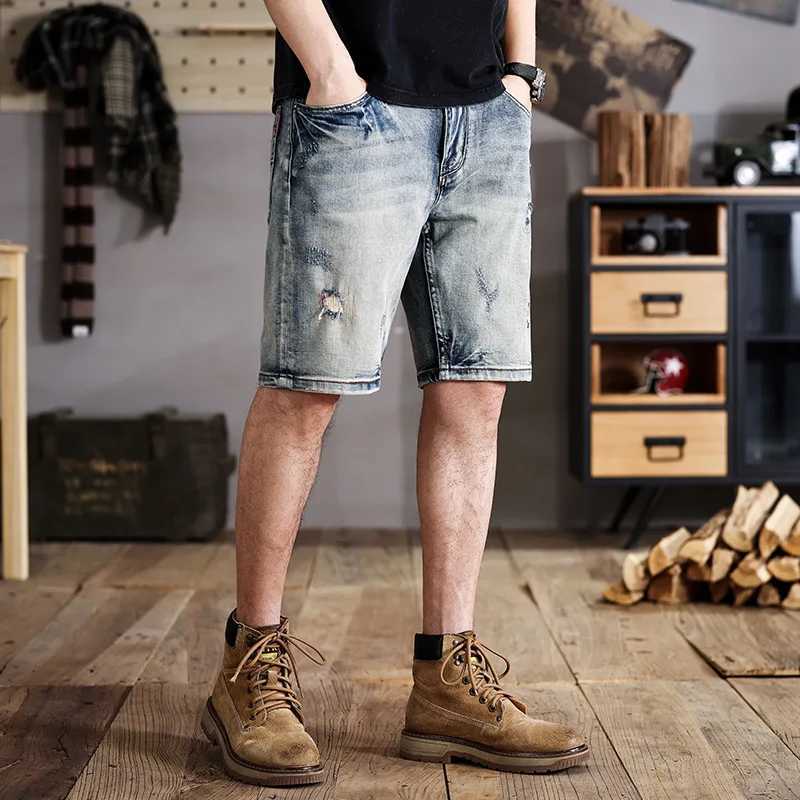 New washed do old denim shorts mens American retro Slim straight scrape tide leisure five-minute pantsT250305