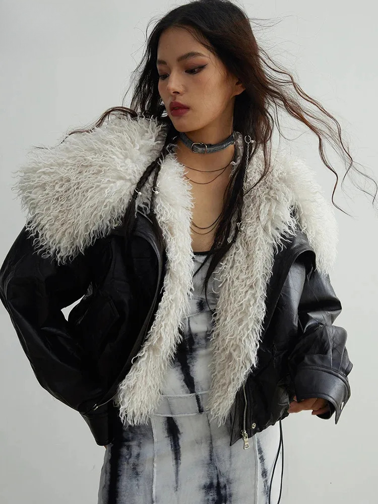 Black Big Size PU Leather Jacket New Removable Fur Collar Long Sleeve Women Coat Fashion Tide Spring Autumn