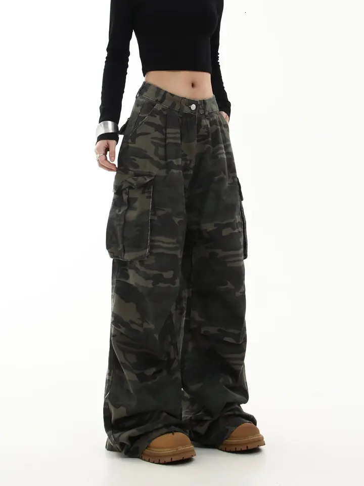 Camouflage Cargo Pants Women Y2K Streetwear Low Rise Jeans Retro Wide Leg Trousers Denim Straight Trousers Harajuku 250304