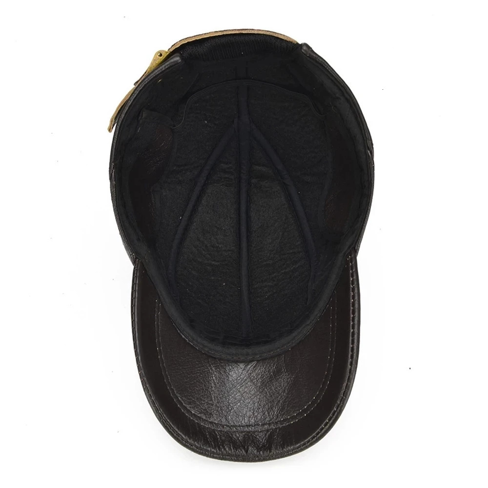 Mens 2025 Casual Real Leather Earflap Cap Men Cowhide Caps Male Fall Winter Genuine Cow Baseball Hats 250228