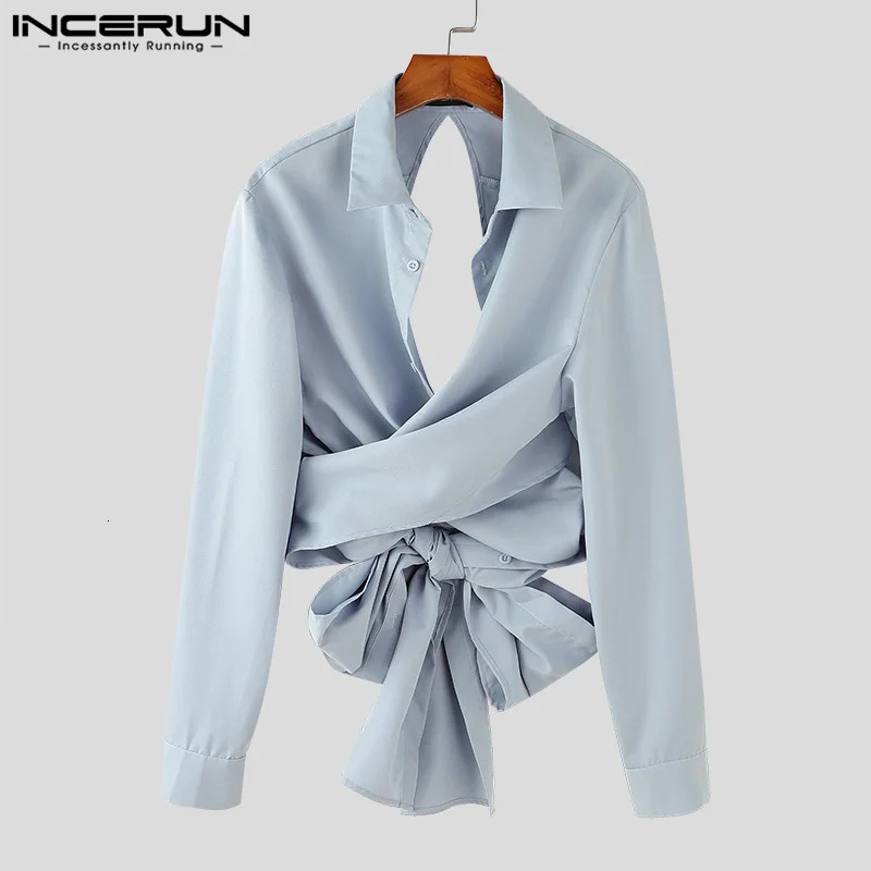 INCERUN Men Fashionable Shirts Turn Down Collar Long Sleeve Button Down Backless Tops Back Hollow Out Lace Up Bow Knot Blouse 250304