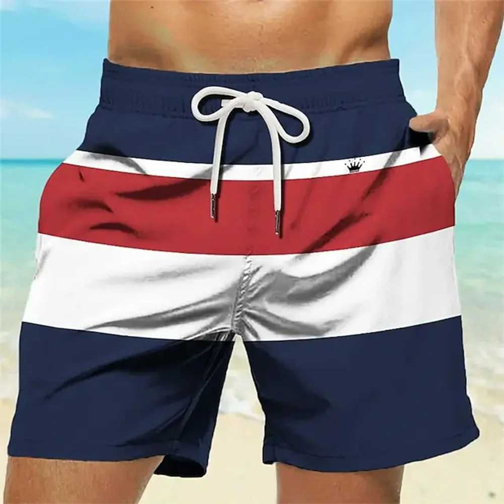 Mens Striped 3D Printed Swim Shorts Crown Design Elastic Waistband Hawaiian Style Beach and Vacation Summer 2024XJ250304