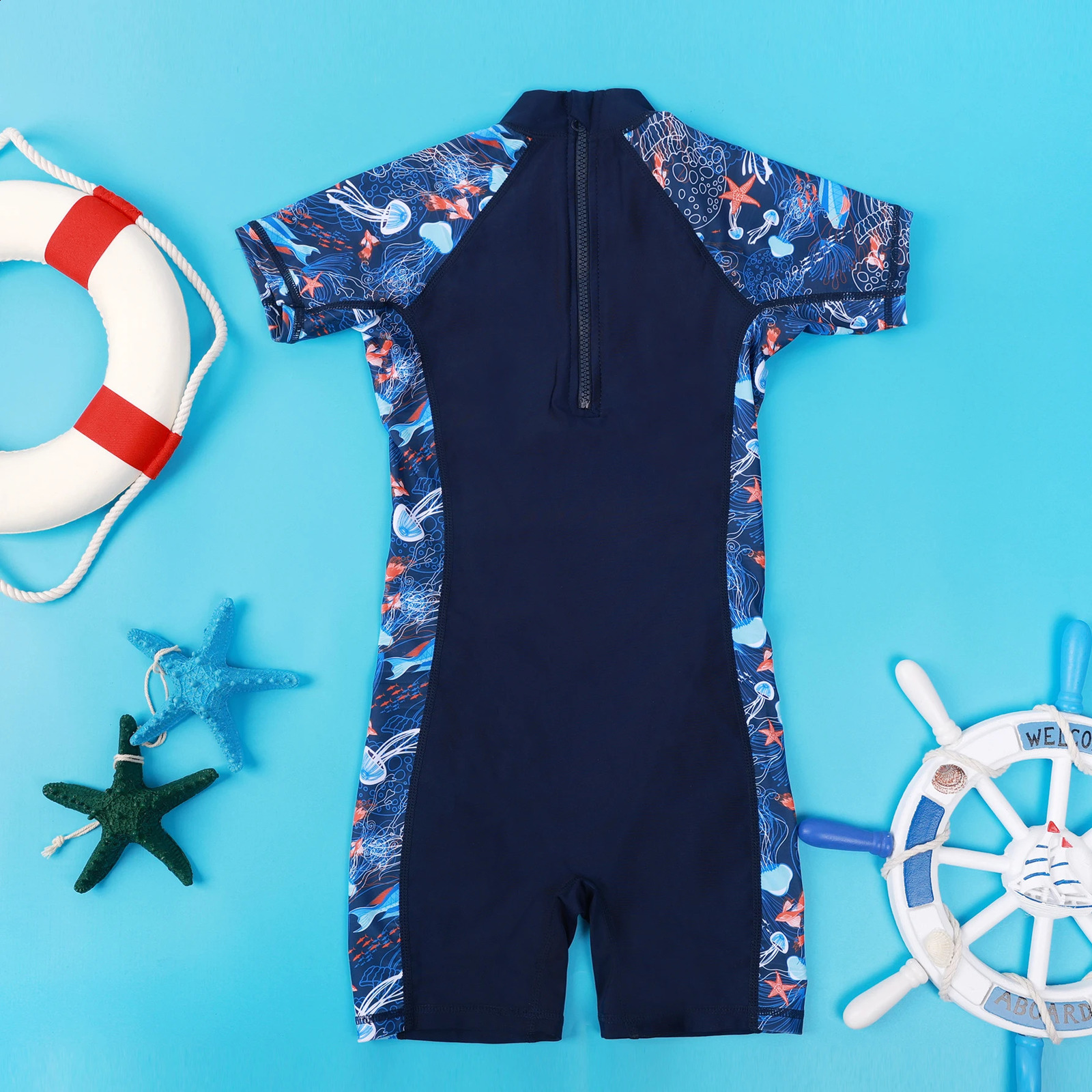 One-Piece Swim Suits Sportswear Girls Boys Summer Swimwear Children Swimsuits Kid Short Sleeve Quick Drying Sun Protection 250304