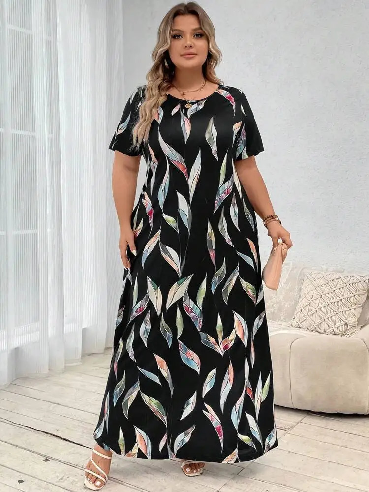 2024 SpringSummer Womens Fashion Short Sleeve plus size Printed Feather Large Size Dress 250225